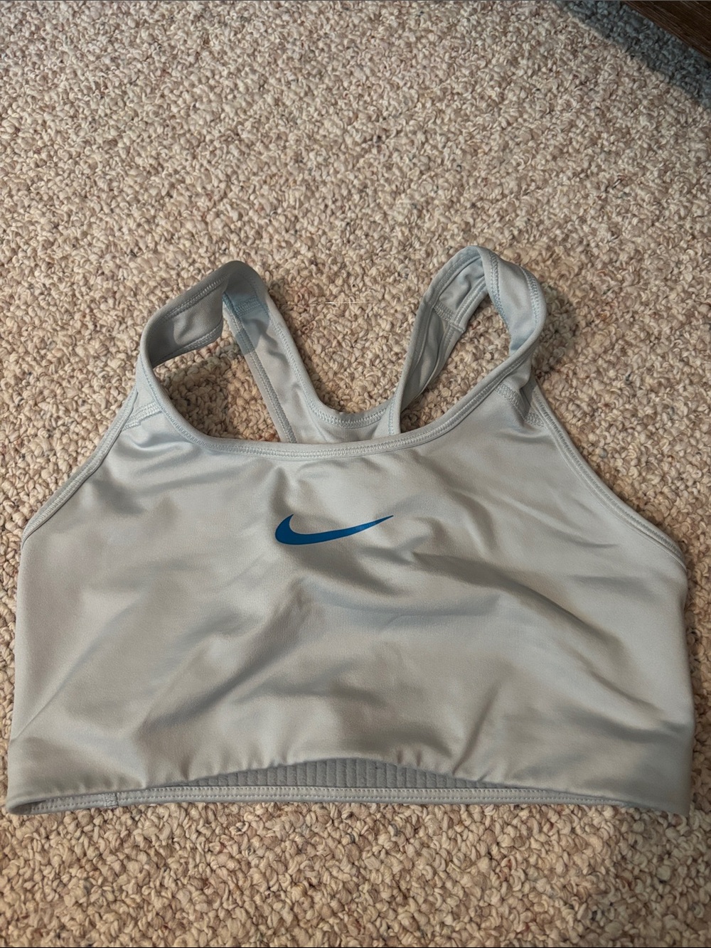 Nike Light Gray Sports Bra with Blue Swoosh Logo